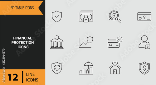 Financial Protection Outline Icons for Safe Banking Investment Security Wealth Defense Money Guard and Fiscal Safety