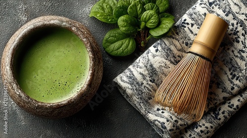 Traditional Matcha Tea Preparation with Bamboo Whisk and Green Tea Powder.
