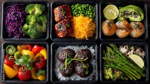 Assorted Fresh Vegetables and Fruits in Black Containers.
