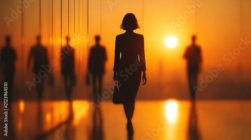 Businesswoman Leading Team During Sunset at Waterfront.