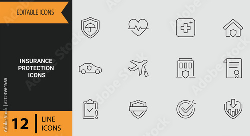 Insurance Protection Outline Icons for Policy Coverage Risk Assessment Claim Process Asset Guard and Personal Safety