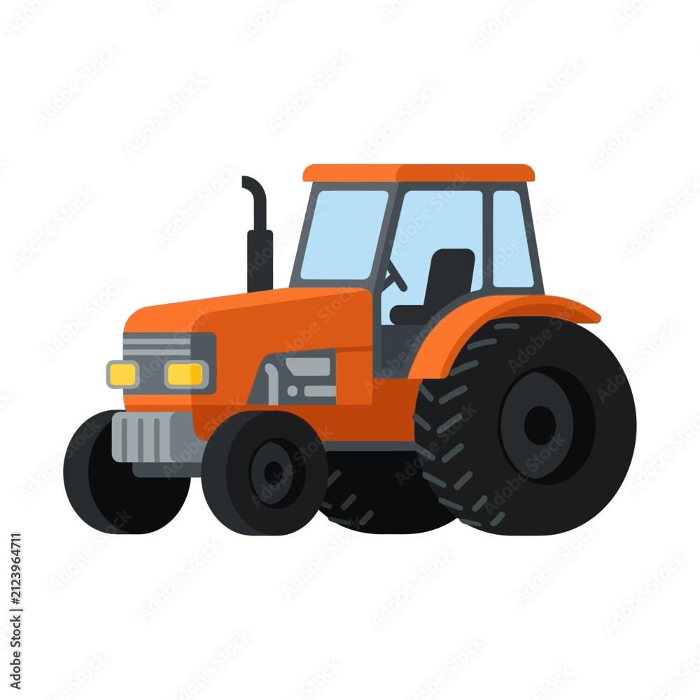 Fototapeta premium Flat Vector Illustration of a Classic Orange Farm Tractor for Agricultural Operations and Rural Field Work