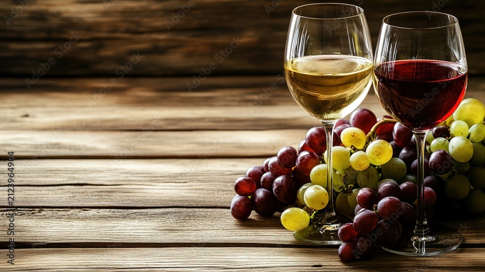 Obraz premium winery. Glasses of red and white wine with ripe grapes on a rustic wooden surface, evoking a vineyard aesthetic. bar promotions, beverage menus, designed for food & beverage menus and cafe branding.