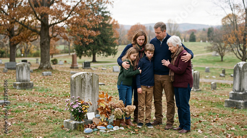 Family Grieving Together at Cemetery During Autumn Visit to Loved Ones Grave