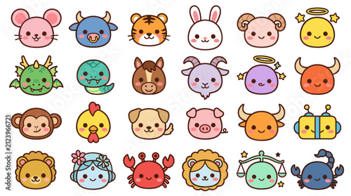Sticker Cute animal zodiac symbols collection