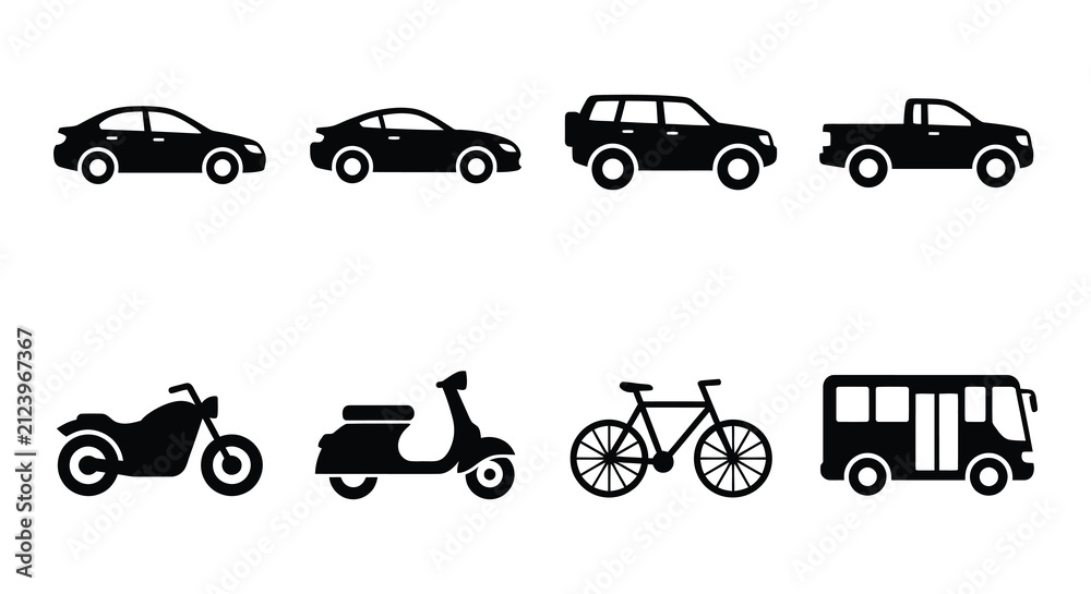 Naklejka premium Vehicle Silhouettes Flat Vector Icons On White Background