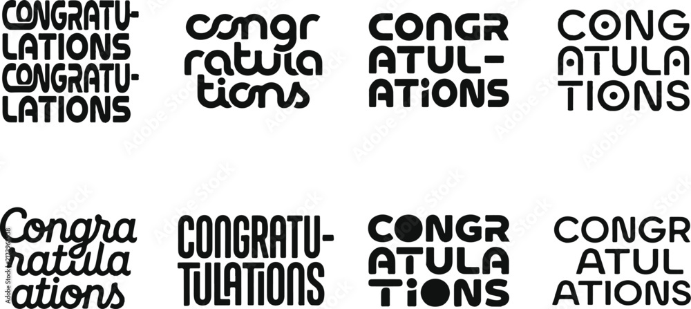 Obraz premium Set of eight creative congratulations typography designs featuring various modern and artistic lettering styles for celebration cards