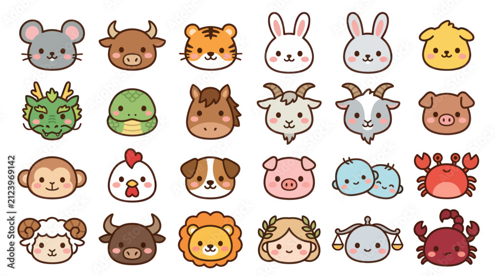 Fototapeta premium Cute animal zodiac symbols collection