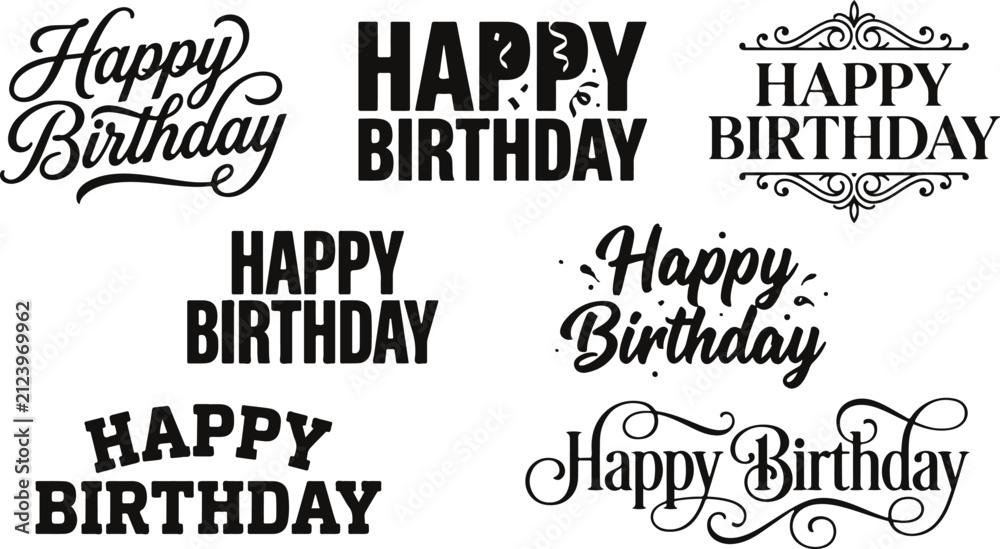 Obraz premium Collection of various happy birthday greeting card typography designs with different artistic fonts and decorative lettering styles