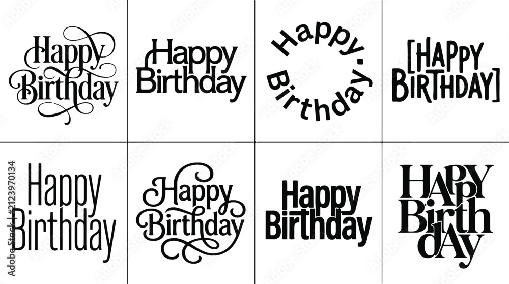 Fototapeta premium Collection of creative happy birthday typography designs featuring various artistic lettering styles for greeting cards and party invitations