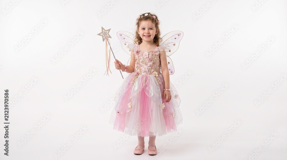 Fototapeta premium Young girl in a pink fairy costume with wings and wand smiles against a white background