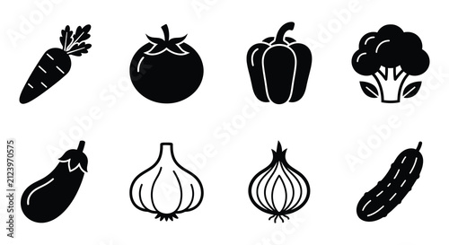 Konstfotografi Vegetable Silhouettes Black Flat Vector Icons On White Background