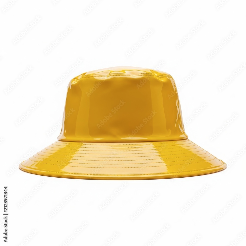Fototapeta premium Bright yellow glossy bucket hat on white background