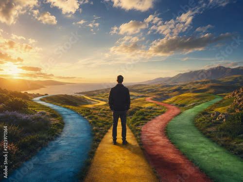 Lone figure at picturesque multi-path crossroads, contemplating significant life decisions amidst beautiful sunset over expansive ocean and rolling hills, symbolizing future journeys and new beginning