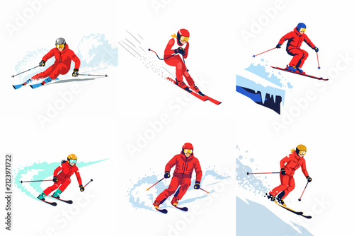 Foto Collection of minimalist flat vector illustrations featuring skiers in red gear performing various alpine skiing maneuvers on snowy mountain slopes