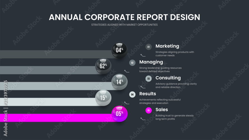 Obraz premium Minimal Performance Slide Template Vector Illustration. Science Strategy 5 Option Diagram Frame Layout. Investor Solution Five Step Graph Presentation Design.