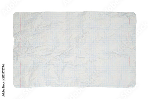 crumpled checkered notebook sheet with rounded corners isolated