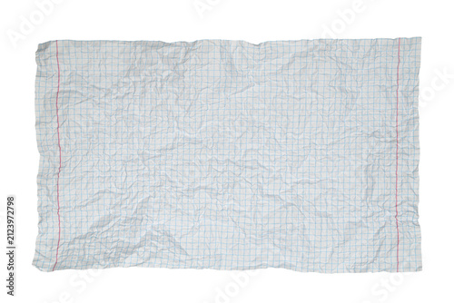 crumpled notebook sheet in blue grid with red margin isolated