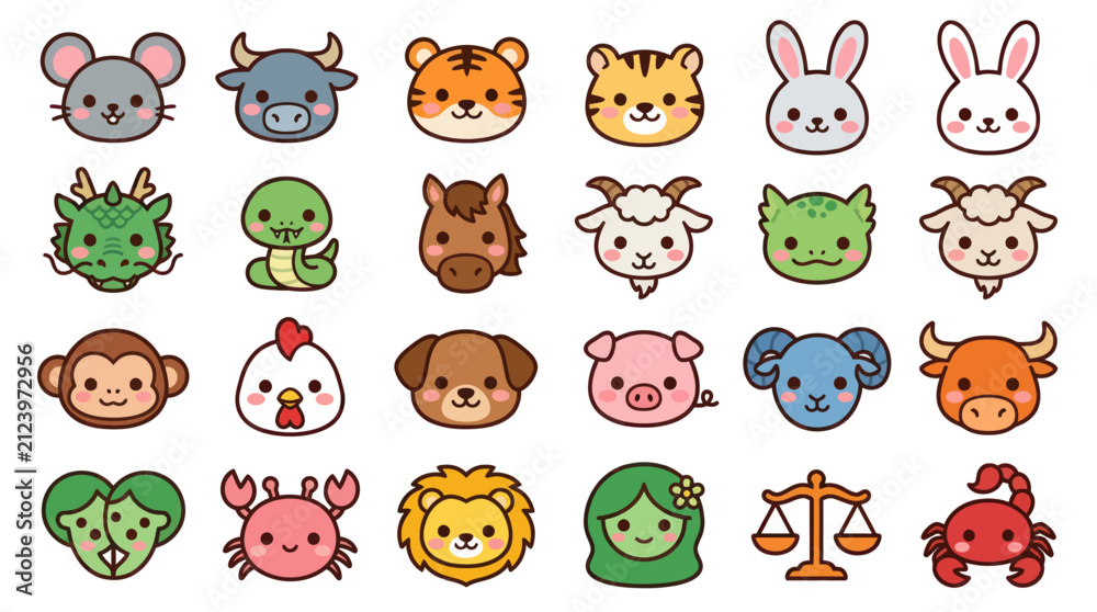 Fototapeta premium Cute cartoon zodiac animals and symbols collection