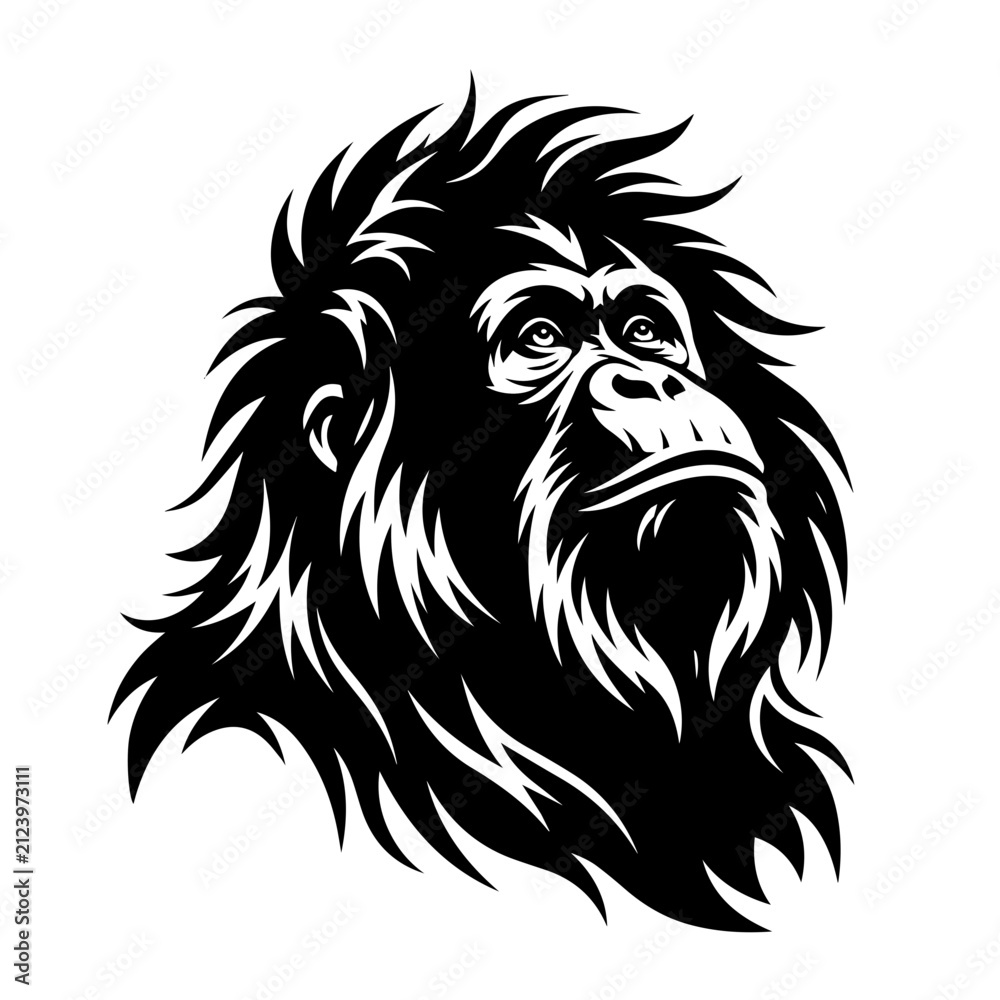 Fototapeta premium Bold Black Orangutan Face Portrait with Expressive Eyes in Minimalist Geometric Vector Illustration