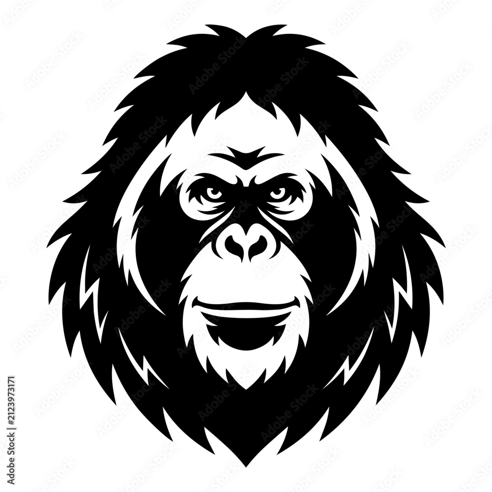Fototapeta premium Front Facing Orangutan Face Emblem with Bold Black and White Geometric Fur Design