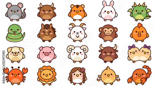 Canvas Print Cute cartoon zodiac animals collection