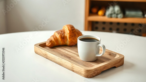 Wooden breakfast tray with croissant and white ceramic cup, calm morning and simple mealtime concept.