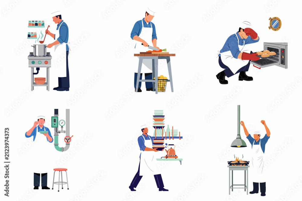 Fototapeta premium Vector Illustration Set of a Professional Male Chef in Various Cooking and Kitchen Tasks Activities Isolated on White Background