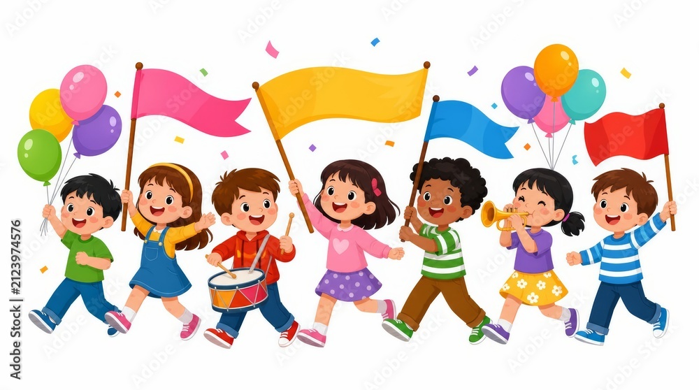 Fototapeta premium A group of children joyfully marching while holding balloons and colorful flags. This illustration captures a festive atmosphere perfect for celebrations.