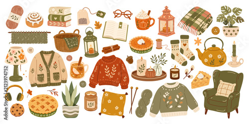 фотографія Cozy autumn hygge collection with knitted sweaters, tea, candles, books, pumpkins, blankets and home decor