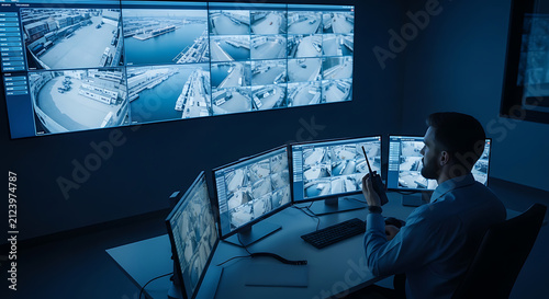 Male security officer using walkie-talkie while monitoring multi screen CCTV surveillance station