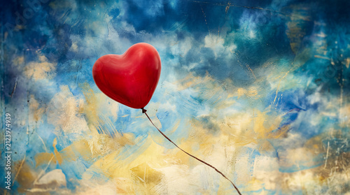 Single red heart-shaped balloon floats against a textured blue and yellow sky
