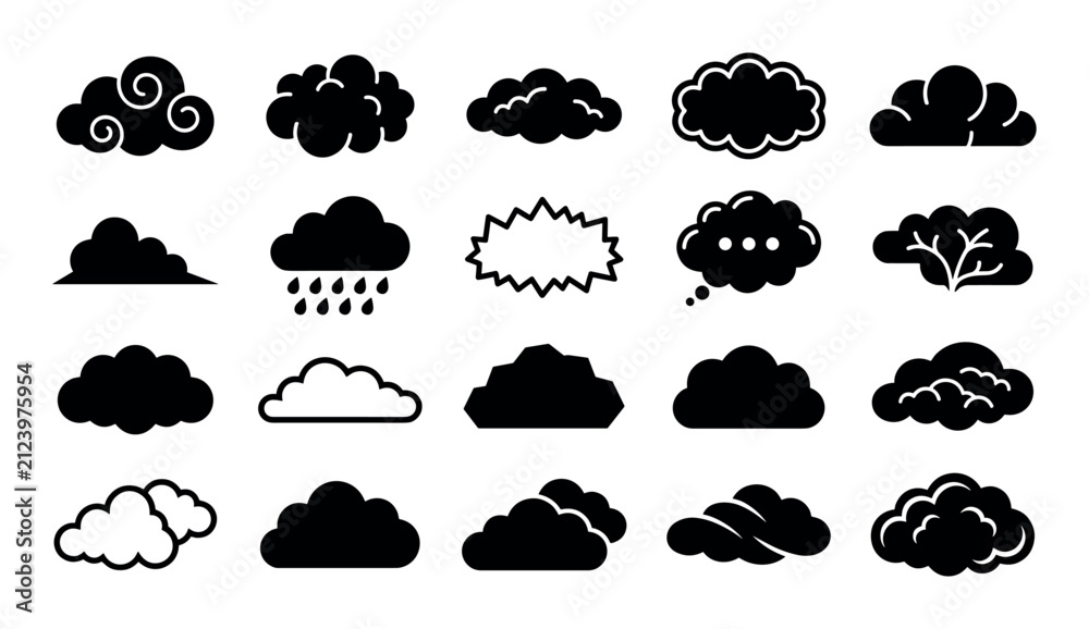 Obraz premium Weather and nature vector icons with clouds, rain drops and wind symbols for web design in solid glyph style