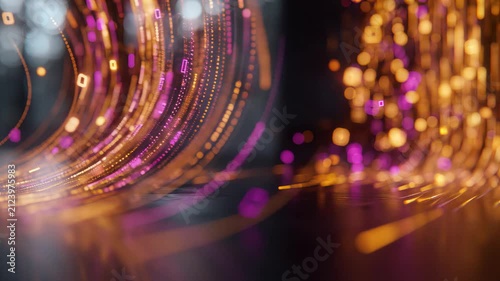 Glowing golden and purple data streams flowing in curved lines. Abstract digital particles and squares moving through dark space. Concept of big data, cyber security, artificial intelligence, cloud