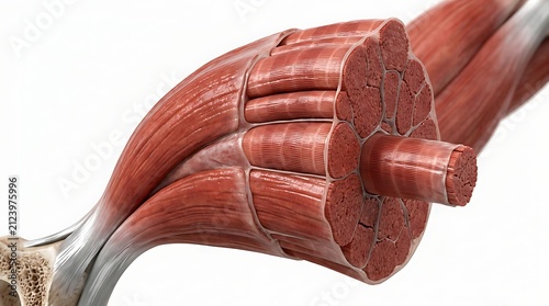 3d illustration of human skeletal muscle anatomy showing muscle fibers, fascicles, and connective tissue structure attached to bone