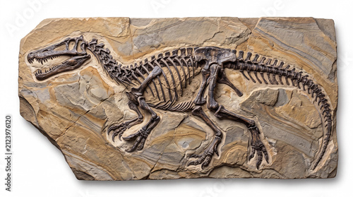 Photorealistic Baryonyx walkeri fossil embedded in rock, isolated on white background, showing detailed fossilized bones, geological matrix, and scientifically accurate paleontological presentation.
