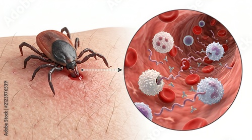 A tick biting human skin and transmitting borrelia burgdorferi bacteria into the bloodstream, causing lyme disease, 3d medical illustration