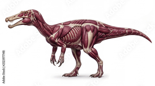 Photorealistic Baryonyx walkeri muscular view, isolated on white background, showing detailed musculature, anatomy, and scientifically accurate paleontological reconstruction.