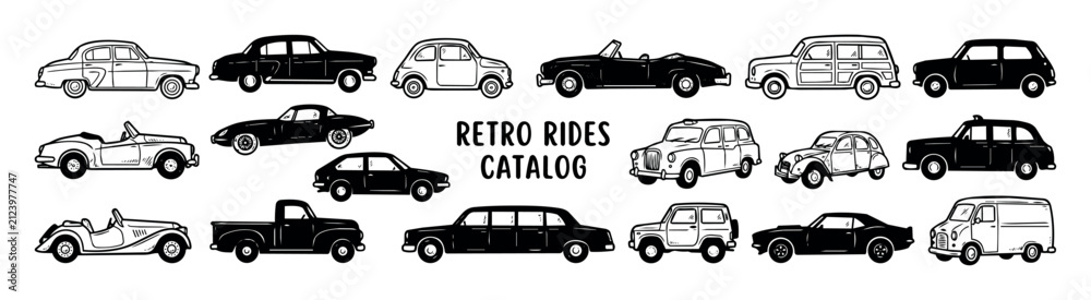 Obraz premium Retro rides vector set featuring classic vintage cars, convertible sports cars, pickup truck, limousine, jeep, van and iconic old automobiles in black and white outline style