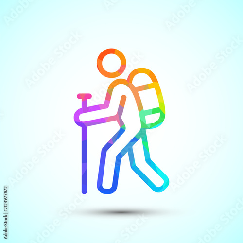 Colorful polygonal outline of a person hiking with a backpack and walking stick.