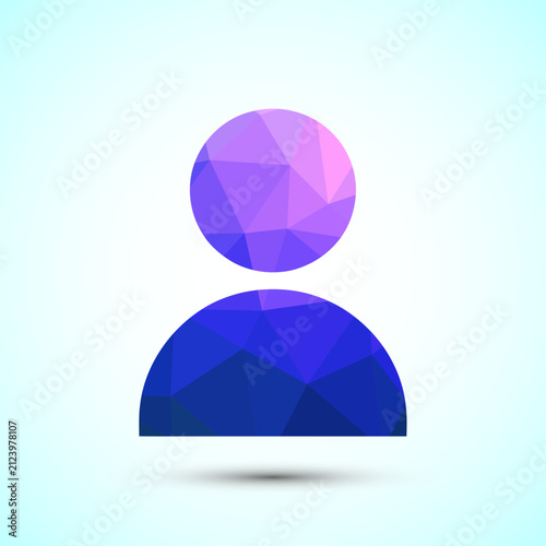 Abstract geometric mosaic art of a user icon in gradient blue and purple on white background.