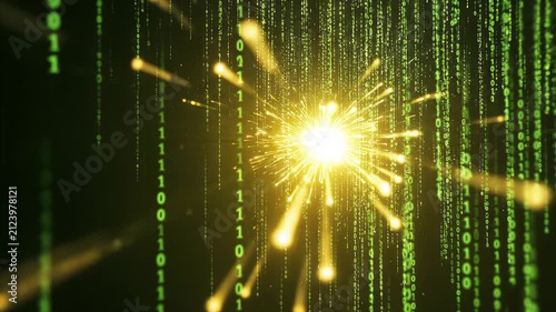 Bright golden light explosion bursting through vertical streams of green binary code. Digital data environment with glowing particles and light rays. Concept of cybersecurity, artificial