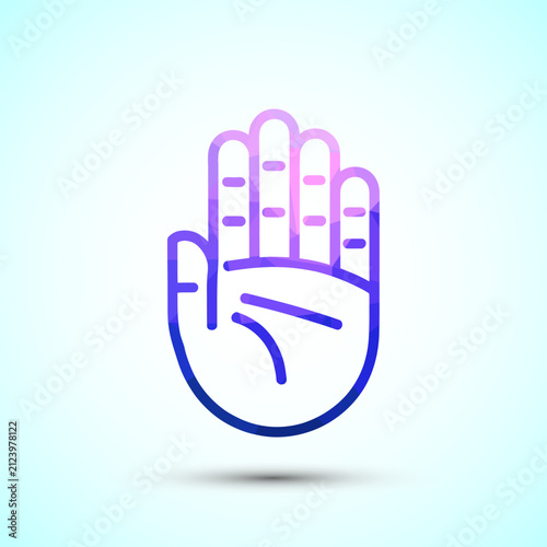 Abstract geometric mosaic art of a human hand with open palm in gradient blue and purple.