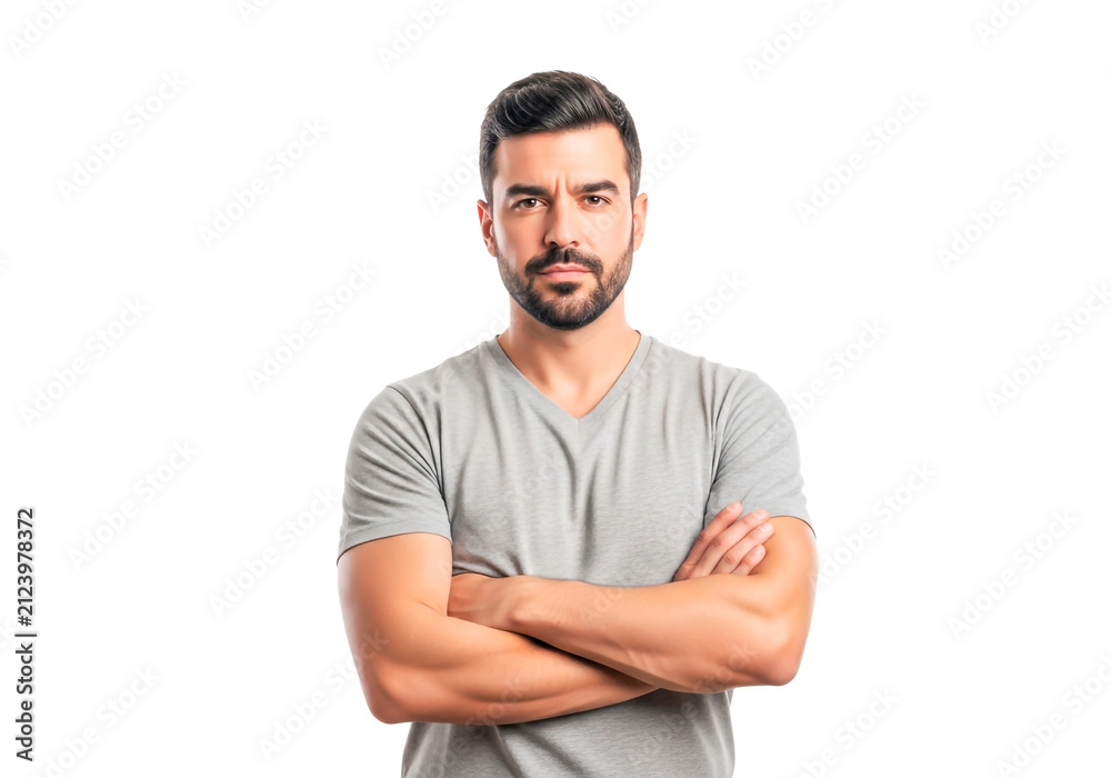 Fototapeta premium Confident young man with beard wearing a gray t-shirt
