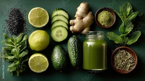 Healthy Green Smoothie Ingredients with Fresh Vegetables and Fruits.