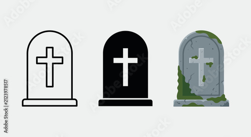Tombstone icon set in outline, solid, and detailed styles
