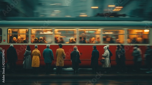 Night Scene of People Waiting for Train at Platform.