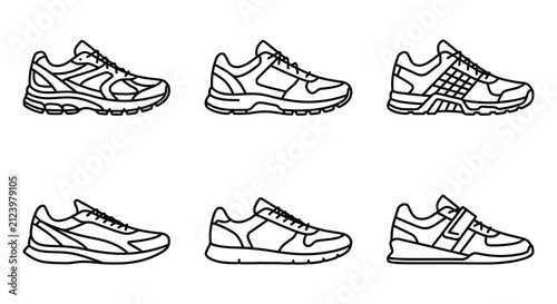 Foto Running shoes line art a set of six vector illustrations on white