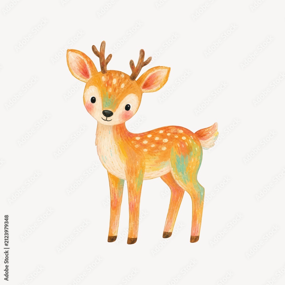 Obraz premium A cute, watercolor-style illustration of a baby deer or fawn with white spots, featuring warm orange and brown tones, isolated on a transparent background.