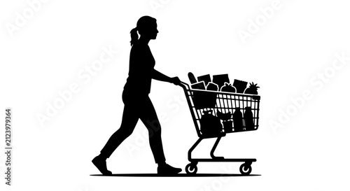 Fotografie Woman Silhouette Pushing Shopping Cart Full of Groceries, Vector Illustration fo